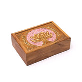 Cutie din lemn de mango pentru Tarot și Bijuterii - Namaste cu pietre de Cuarț Roz