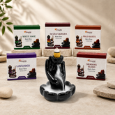 Set complet pentru fum curgător cu suport ceramic Buddha și 50 de conuri parfumate în 5 arome