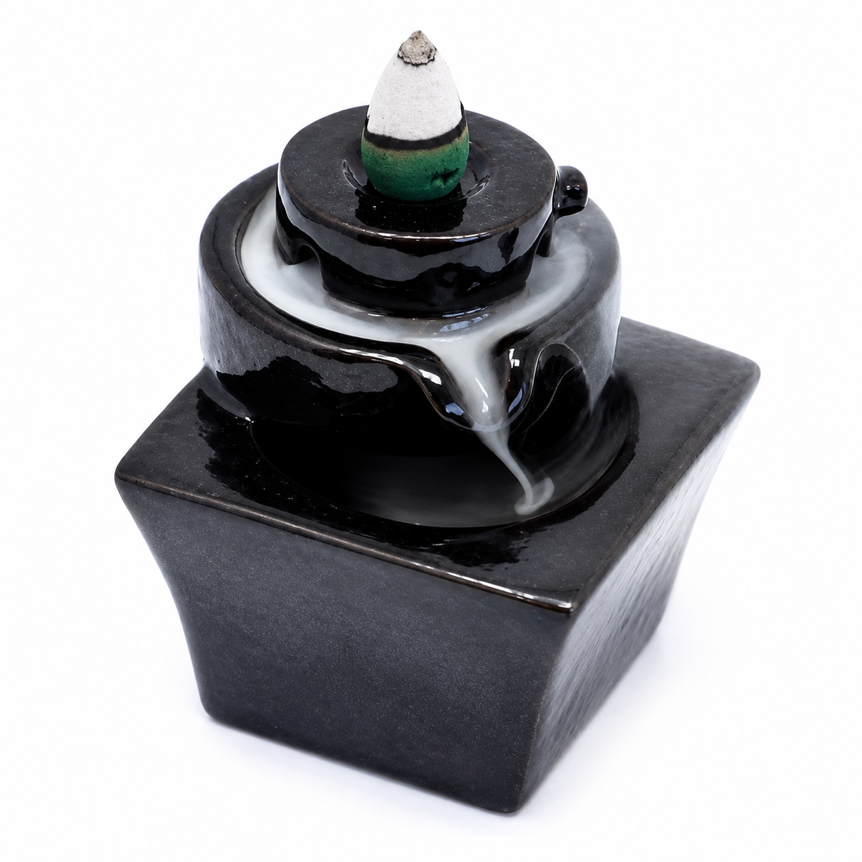 Suport ceramic în formă de fântână pătrată pentru conuri parfumate fum curgător cu efect cascadă zen
