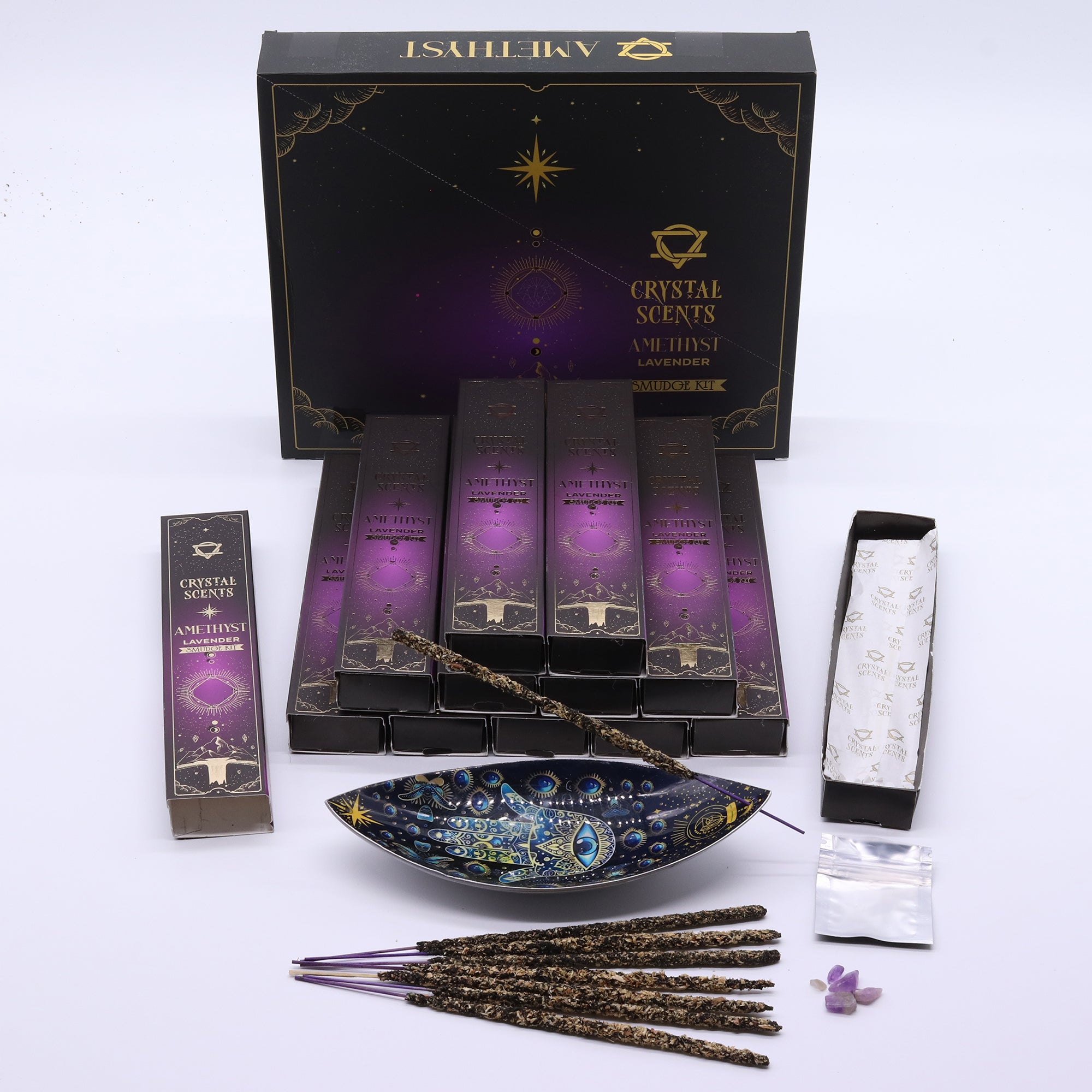 Set bețișoare parfumate cu lavandă și cristal de Ametist pentru meditație și practici spirituale