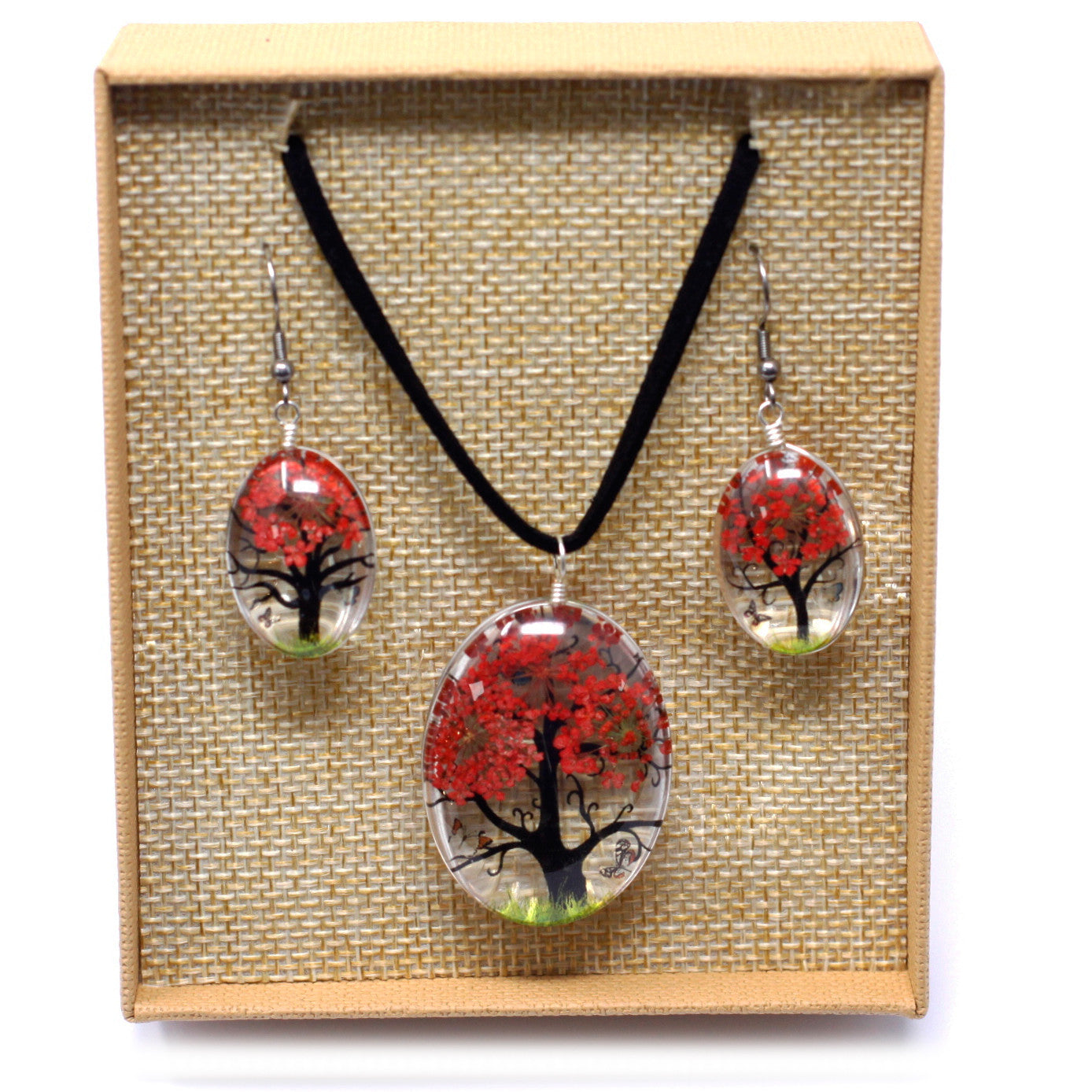 Set bijuterii spirituale Arborele Vieții cu flori presate reale coral, colier și cercei handmade