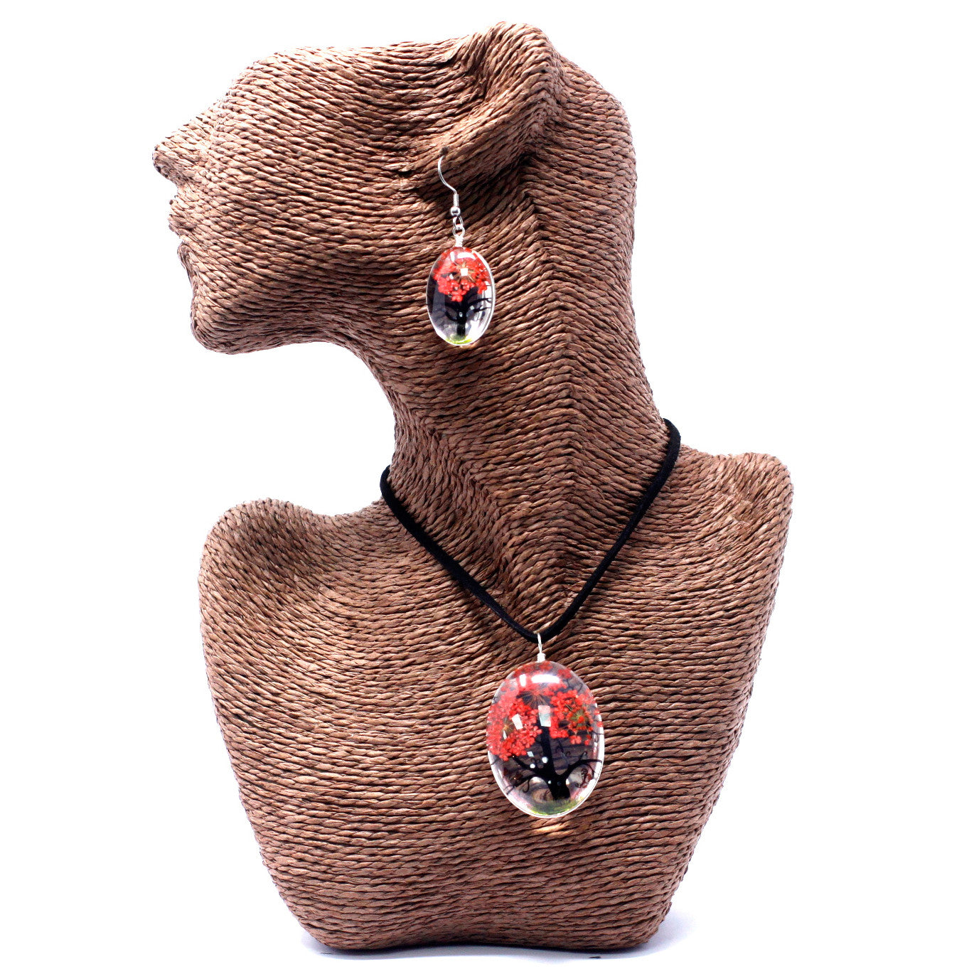 Set bijuterii spirituale Arborele Vieții cu flori presate reale coral, colier și cercei handmade