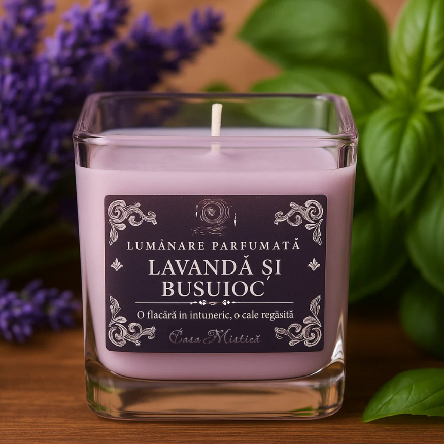 Lumânare naturală din soia în borcan de sticlă reutilizabil cu aromă de lavandă și busuioc
