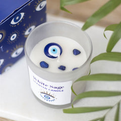 Lumânare pentru Protecție cu Salvie Albă, Sodalit și Ochiul Atotvăzător (Evil Eye)
