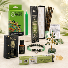 Kit pentru abundență, noroc și prosperitate cu 7 produse spirituale, cristale, lumânări, ulei și bețișoare parfumate