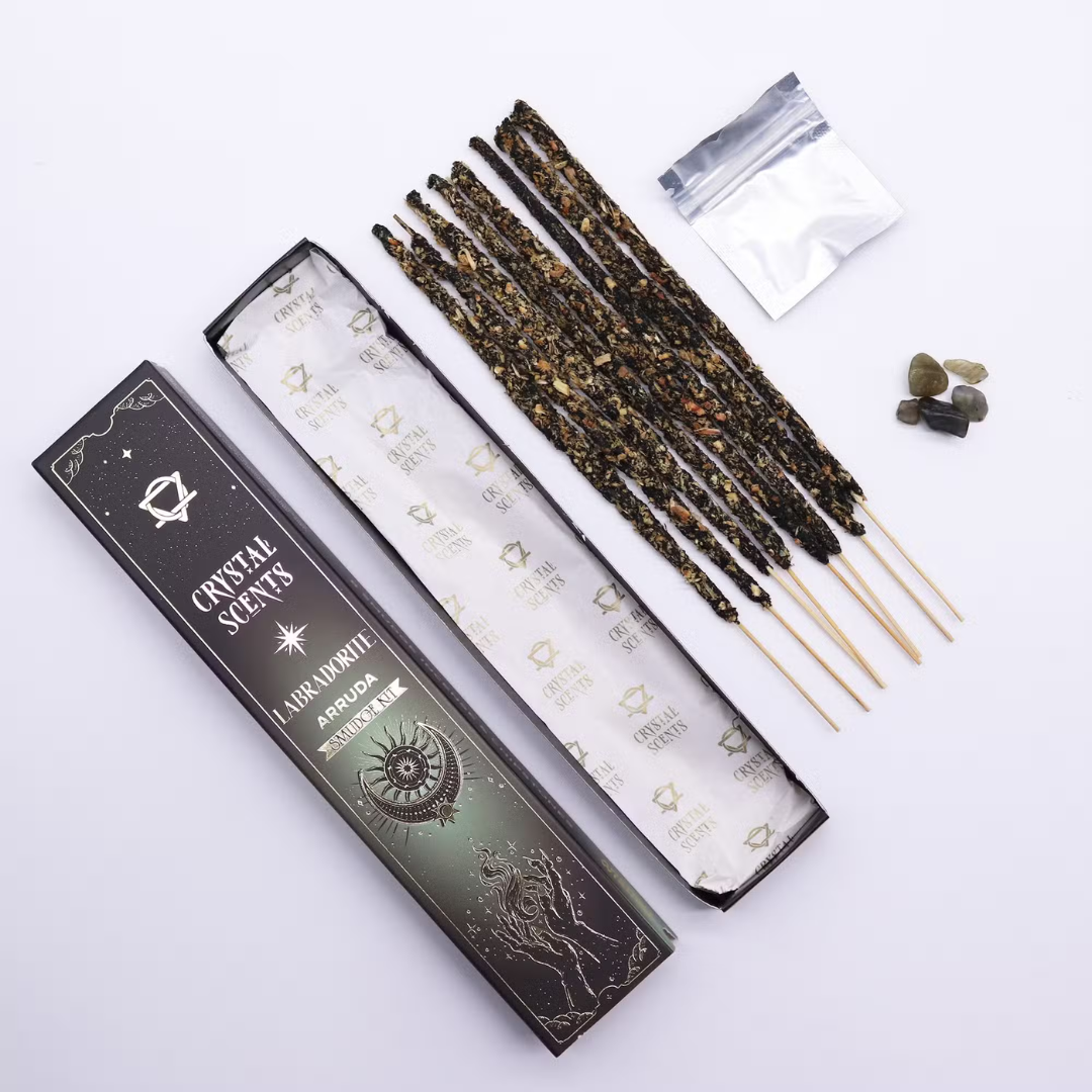 Bețișoare Parfumate cu Cristal de Labradorit – Arruda (10 buc + Cristal)