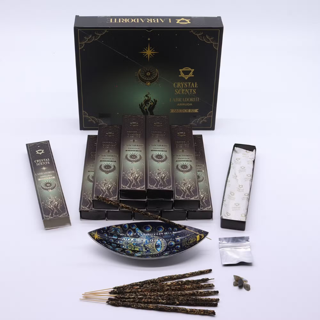 Bețișoare Parfumate cu Cristal de Labradorit – Arruda (10 buc + Cristal)