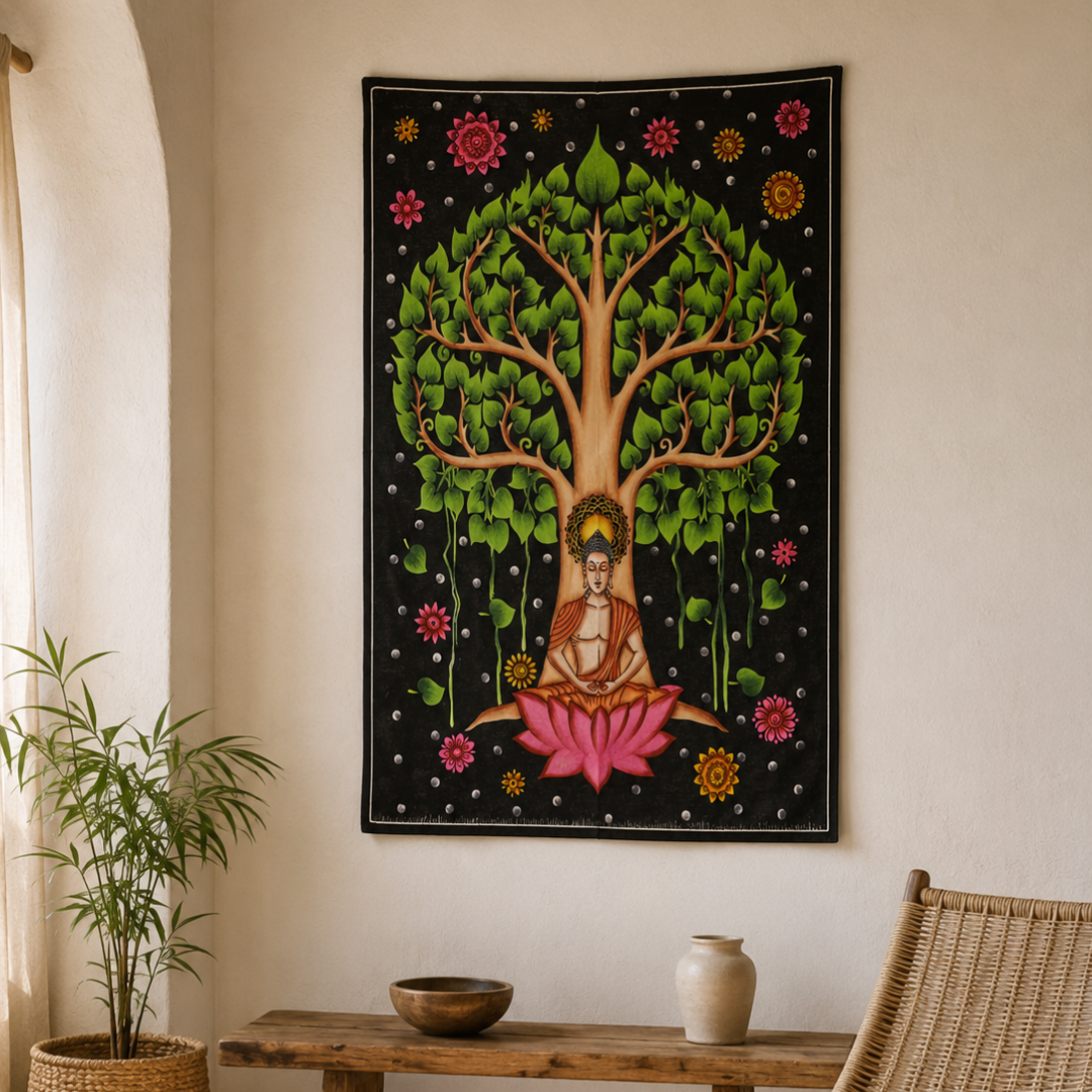 Pânză de perete Buddha sub Arborele Bodhi pentru meditație, din bumbac, 70x110 cm