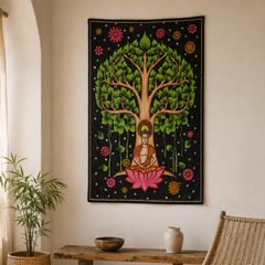 Pânză de perete Buddha sub Arborele Bodhi pentru meditație, din bumbac, 70x110 cm