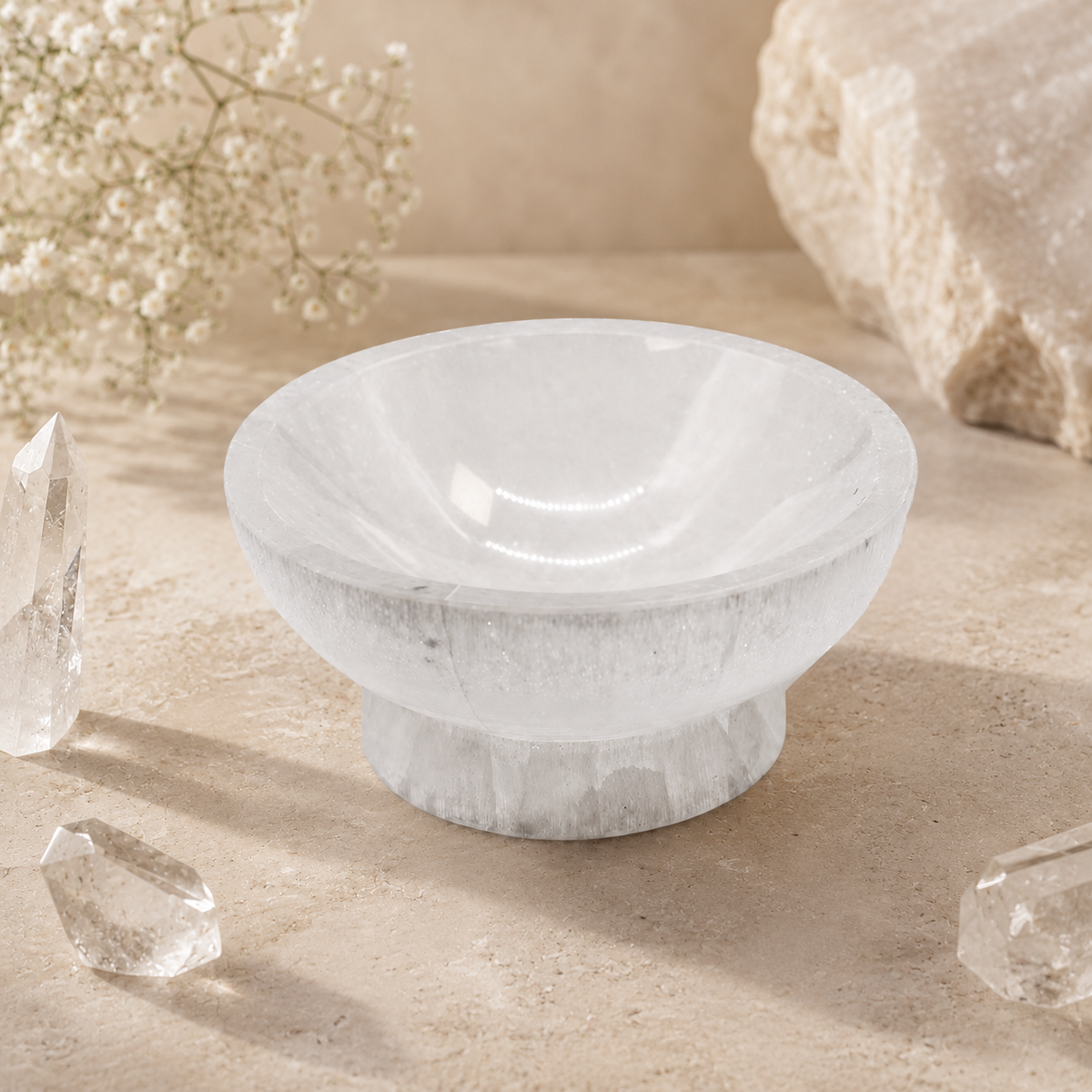 Bol ritual din selenit natural pentru cristale și altar, 10 cm