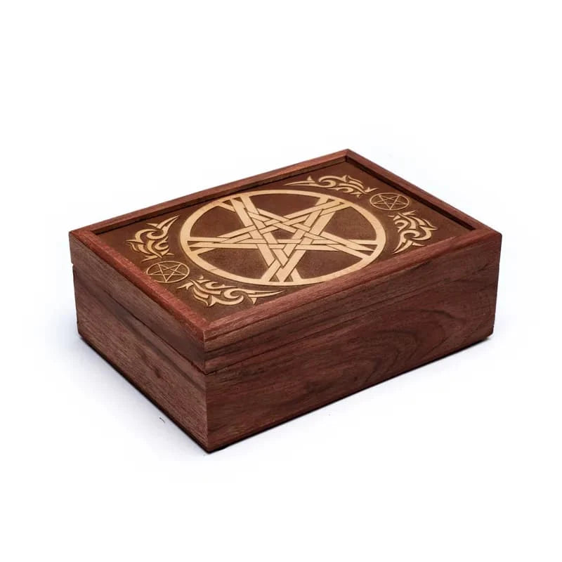 Cutie din Lemn de Acacia pentru Tarot cu Pentaclu Gravat – 17,5 cm