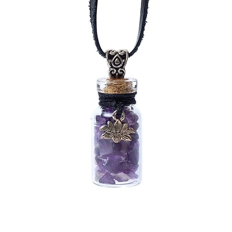 Pandantiv sticluță cu Ametist și Lotus pentru calm, claritate și transformare