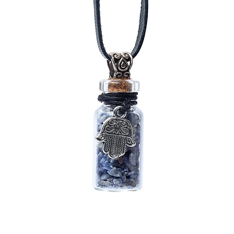 Pandantiv sticluță cu Lapis Lazuli și talisman Hamsa pentru protecție și echilibru mental