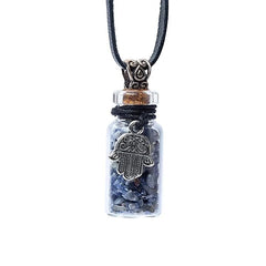 Pandantiv sticluță cu Lapis Lazuli și talisman Hamsa pentru protecție și echilibru mental