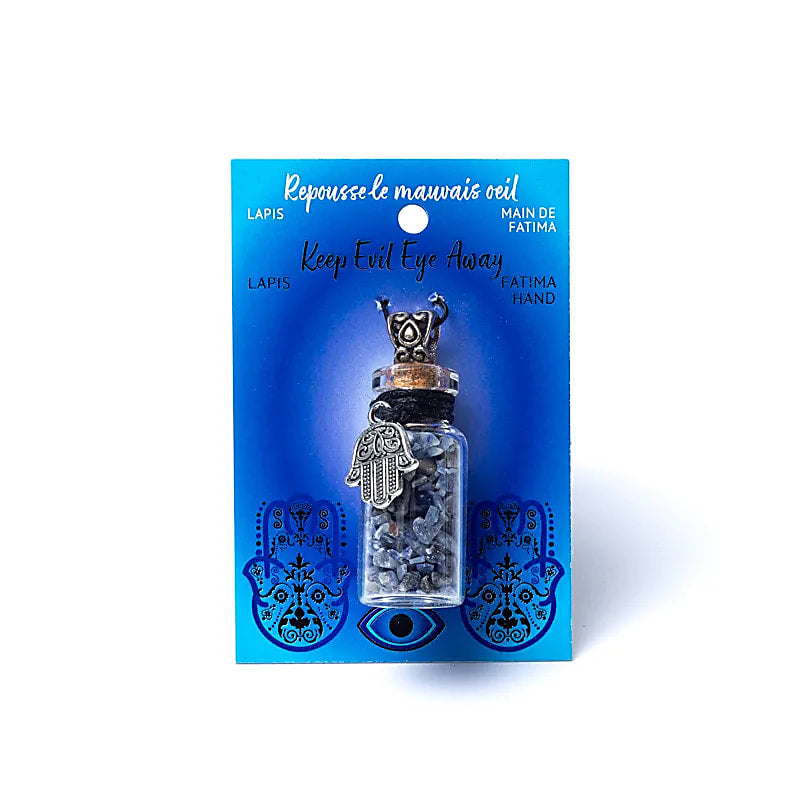 Pandantiv sticluță cu Lapis Lazuli și talisman Hamsa pentru protecție și echilibru mental