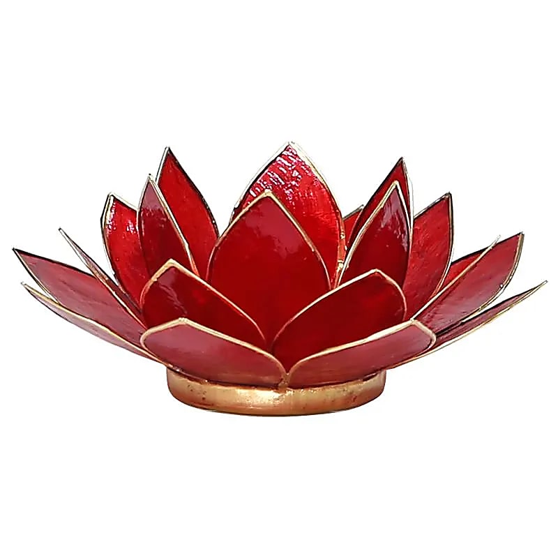Suport roșu pentru lumânare Lotus Chakra 1, cu margine aurie, din scoici Capiz