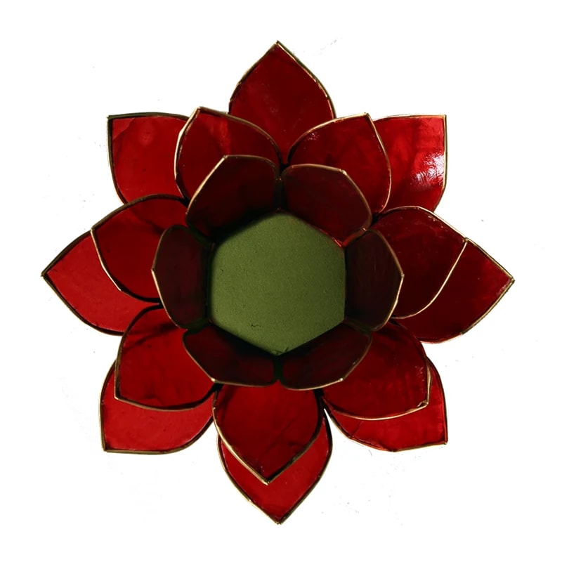 Suport roșu pentru lumânare Lotus Chakra 1, cu margine aurie, din scoici Capiz