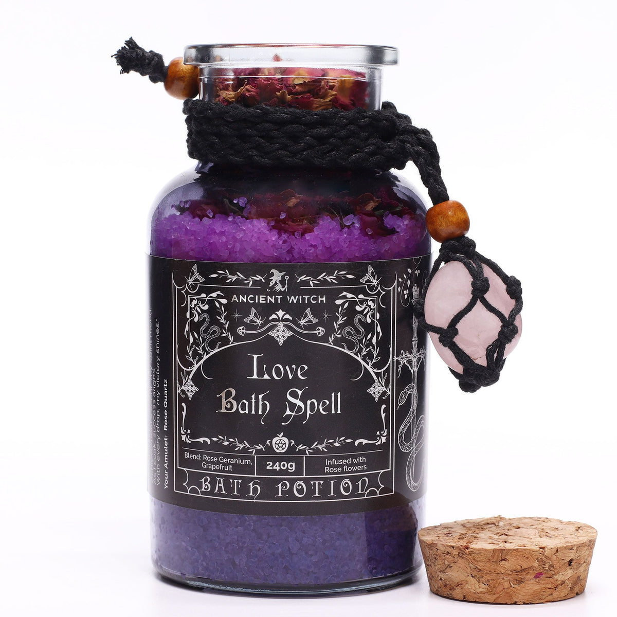 Amestec sare de baie Ancient Witch pentru iubire, cu Cuarț roz, 490g greutate totală
