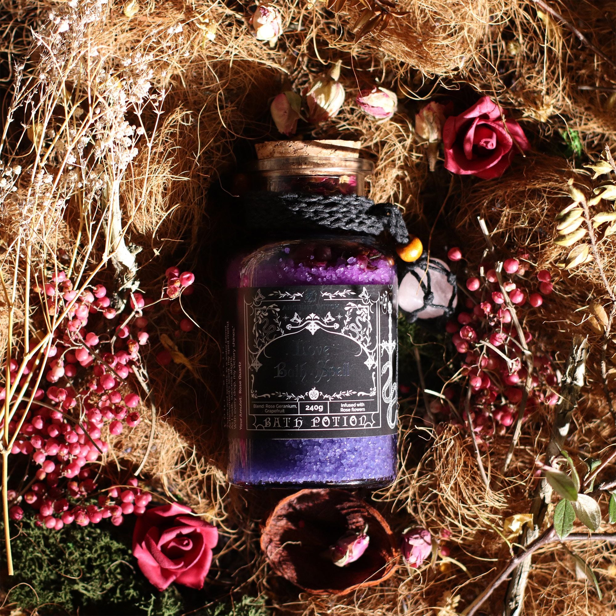 Amestec sare de baie Ancient Witch pentru iubire, cu Cuarț roz, 490g greutate totală