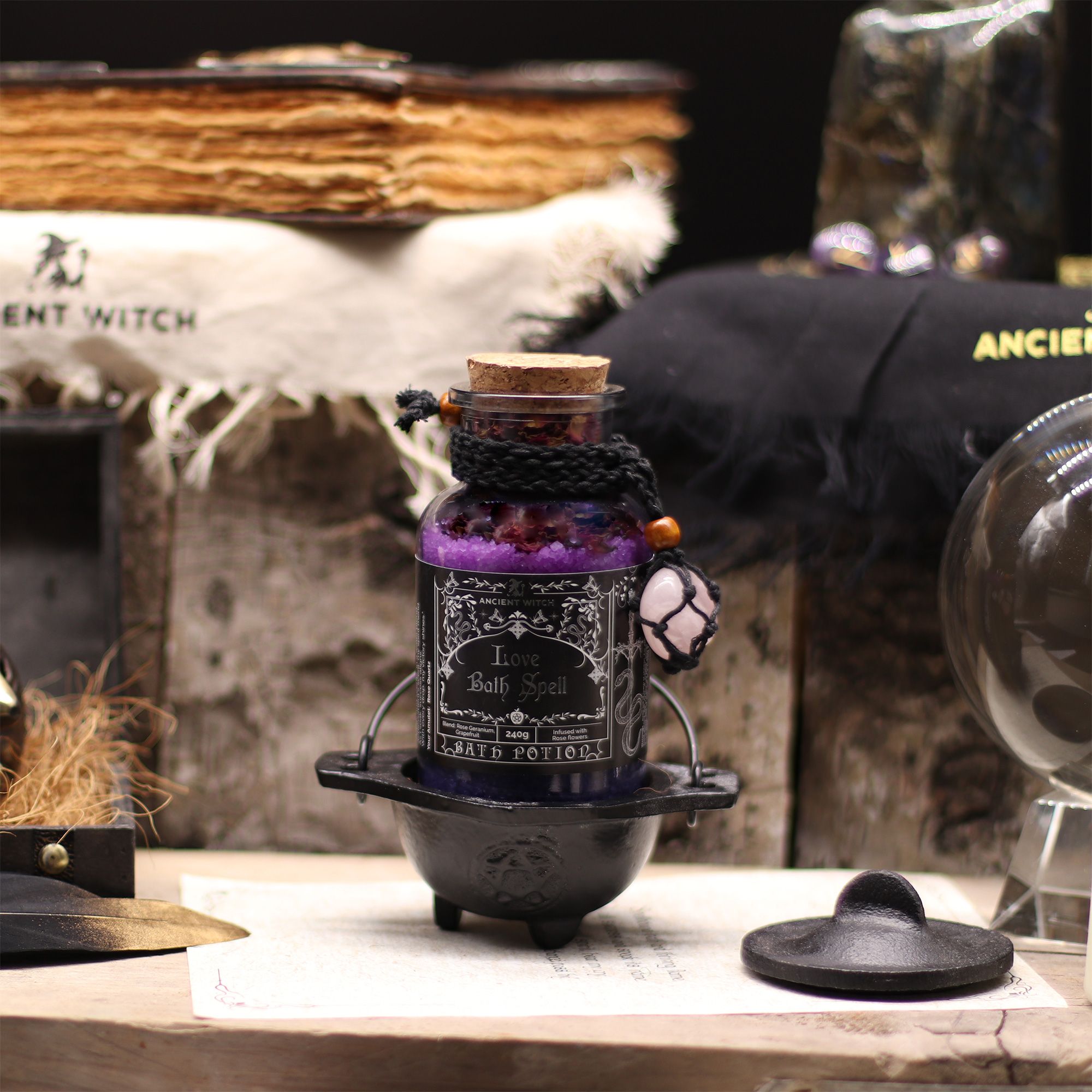Amestec sare de baie Ancient Witch pentru iubire, cu Cuarț roz, 490g greutate totală