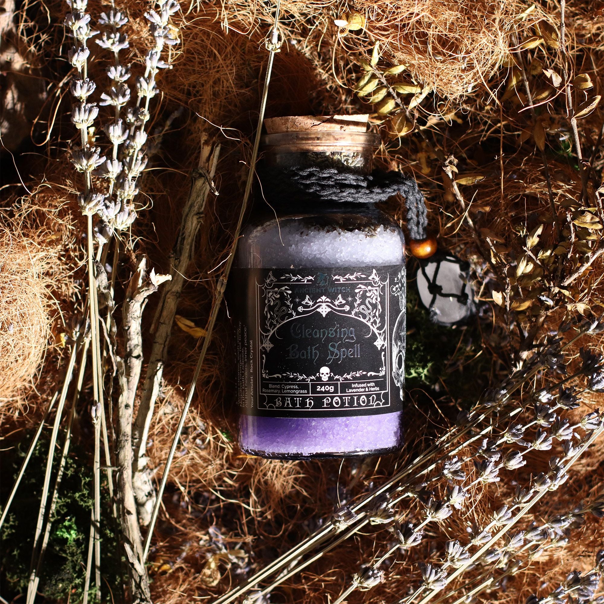 Amestec sare de baie Ancient Witch pentru Curățare Energetică, cu Cristal de Stâncă, 490 g