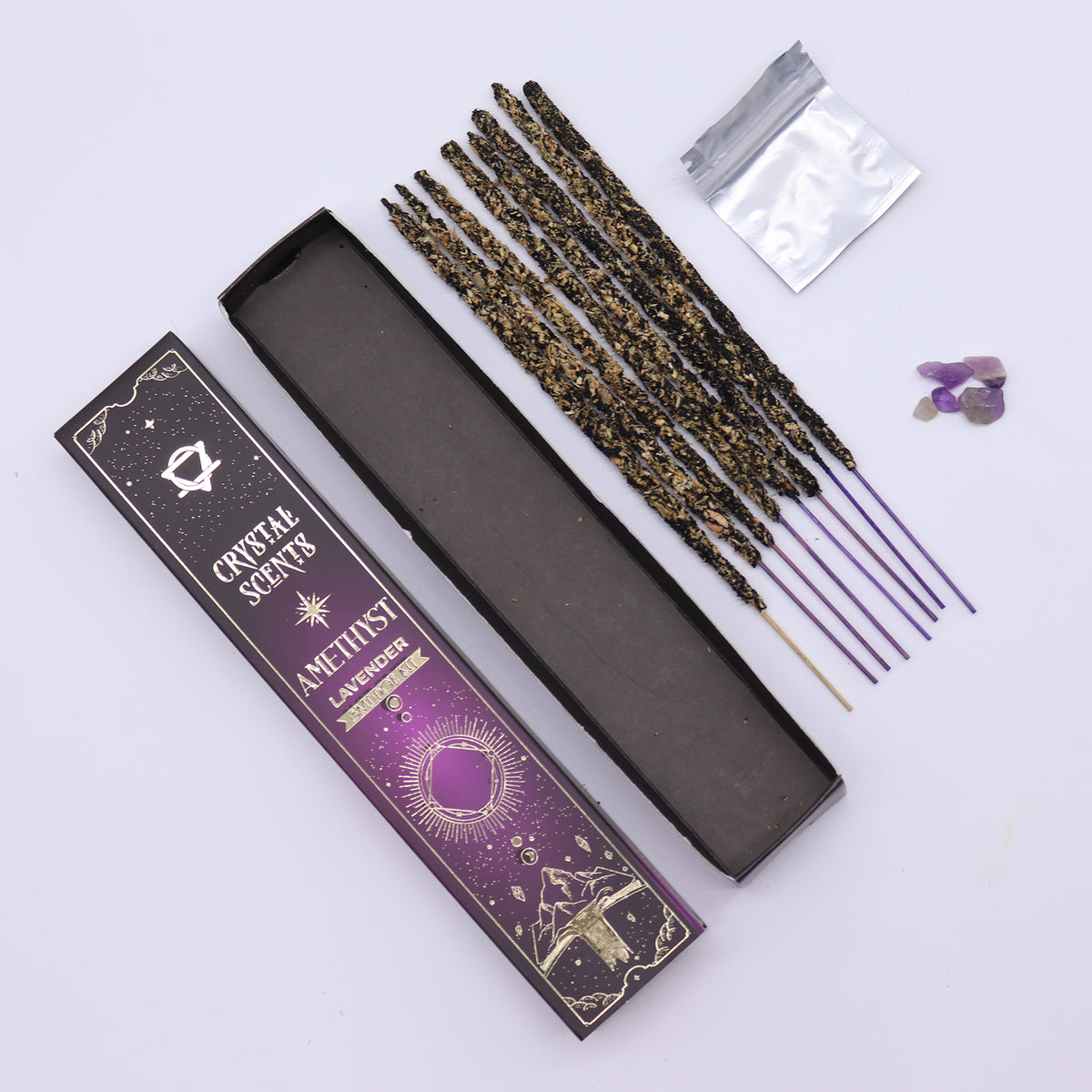 Set bețișoare parfumate cu lavandă și cristal de Ametist pentru meditație și practici spirituale
