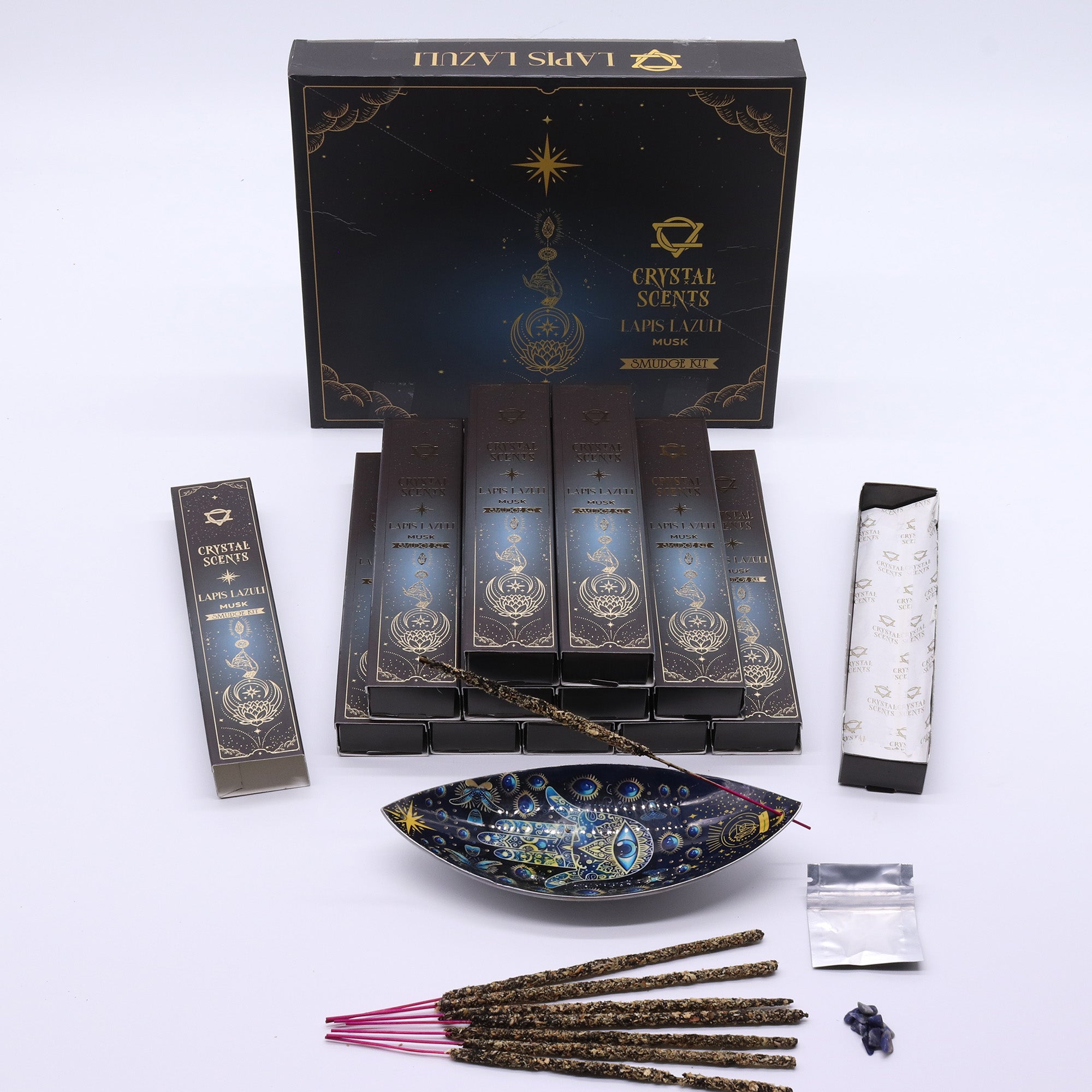 Set bețișoare parfumate cu mosc și cristal de Lapis Lazuli pentru meditație și claritate mentală