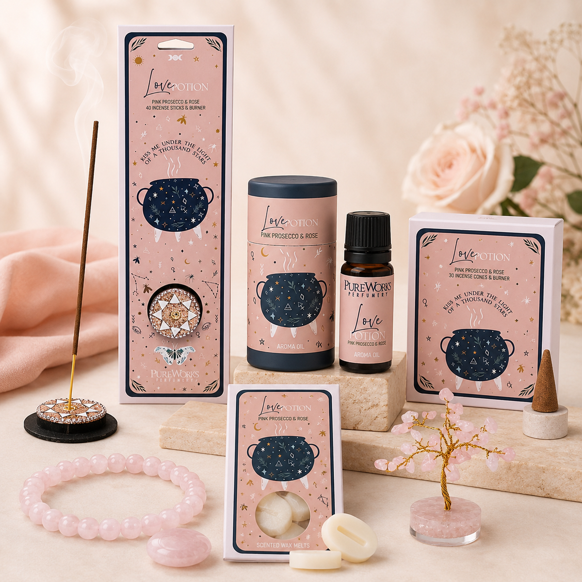 Kit ritual pentru iubire și armonie cu Cuarț Roz, brățară și produse aromatice