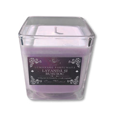 Lumânare naturală din soia în borcan de sticlă reutilizabil cu aromă de lavandă și busuioc