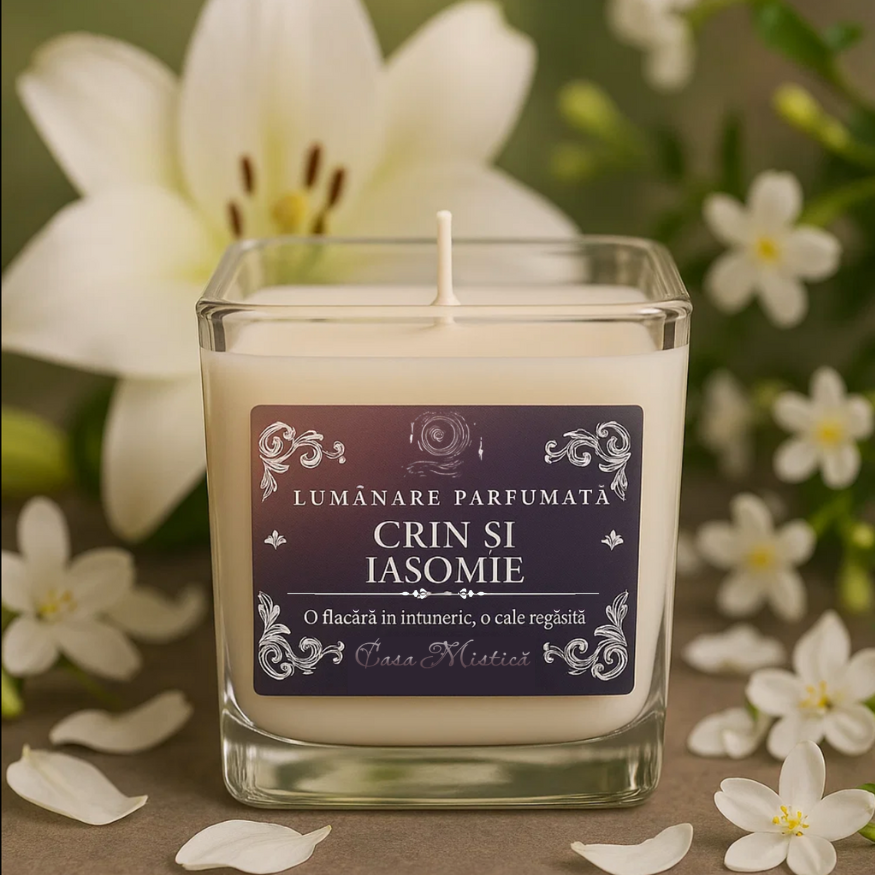 Lumânare naturală din soia în recipient de sticlă reutilizabil cu aromă de crin și iasomie