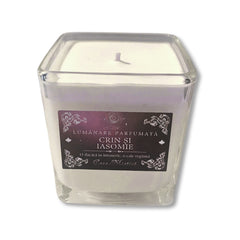 Lumânare naturală din soia în recipient de sticlă reutilizabil cu aromă de crin și iasomie