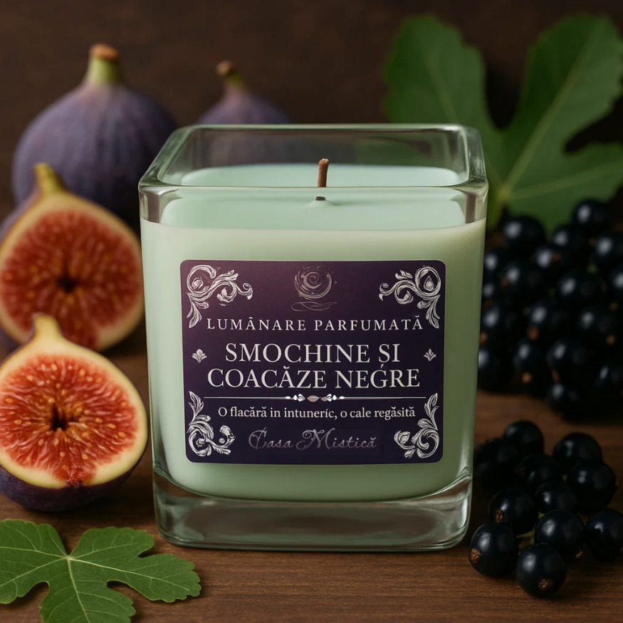 Lumânare naturală din soia în recipient de sticlă reutilizabil cu aromă de smochine și coacăze negre