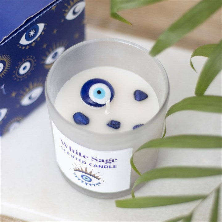 Lumânare pentru Protecție cu Salvie Albă, Sodalit și Ochiul Atotvăzător (Evil Eye)