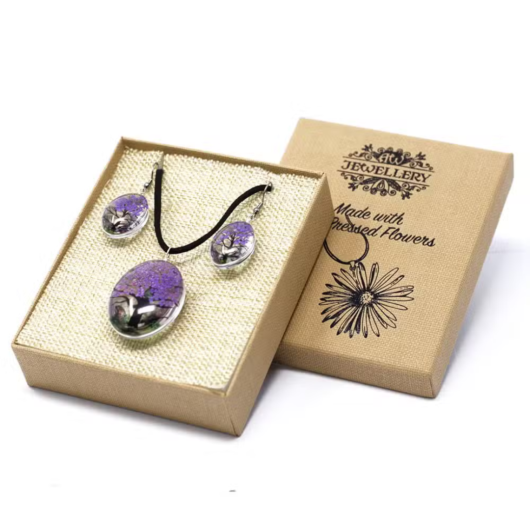 Set Bijuterii Arborele Vieții cu Flori Presate Reale - Violet Lavandă (Colier + Cercei)