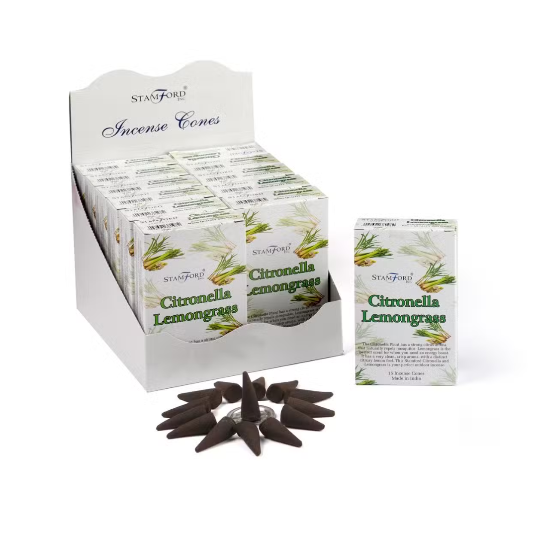 Conuri Parfumate Citronella și Iarbă de Lămâie, 15 Conuri + Suport inclus