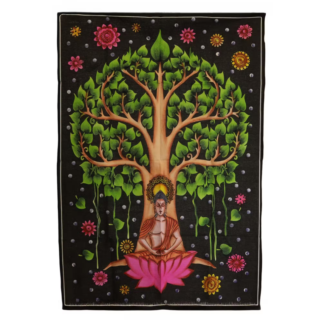 Pânză de perete Buddha sub Arborele Bodhi pentru meditație, din bumbac, 70x110 cm
