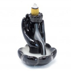 Suport ceramic sculptural mână Buddha cu floare de lotus pentru conuri parfumate fum curgător meditație budhistă